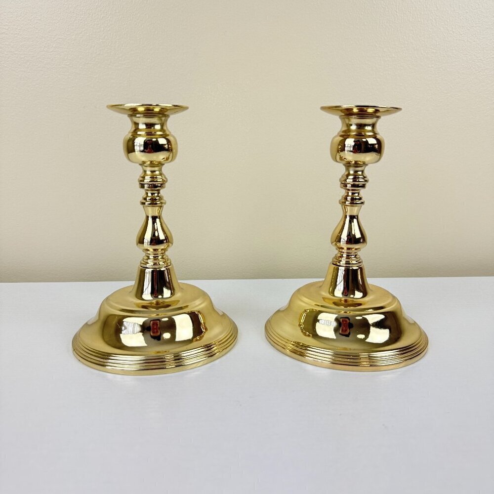 New Vintage Solid Brass Candlestick Holders Set of 2, Elegant Polished Gold Tone